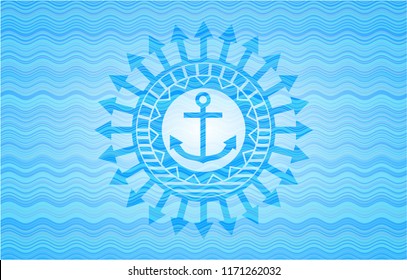anchor icon inside sky blue water emblem background.
