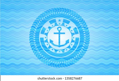anchor icon inside sky blue water wave style badge.