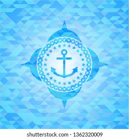 anchor icon inside sky blue emblem with mosaic background