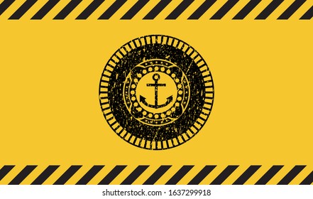 anchor icon inside warning sign, black grunge emblem. Vector Illustration. Detailed.