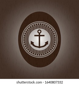 anchor icon inside wooden emblem. Retro