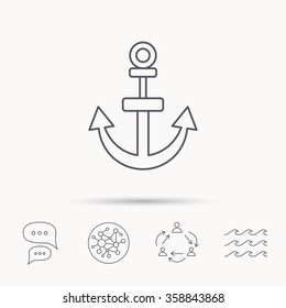 Anchor icon. Nautical drogue sign. Sea and sailing symbol. Global connect network, ocean wave and chat dialog icons. Teamwork symbol.