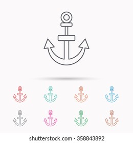 Anchor icon. Nautical drogue sign. Sea and sailing symbol. Linear icons on white background.