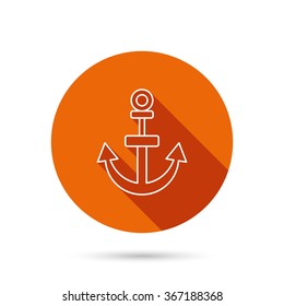 Anchor icon. Nautical drogue sign. Sea and sailing symbol. Round orange web button with shadow.