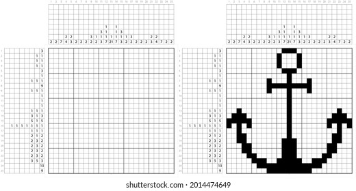 Anchor Icon Nonogram Pixel Art, Logic Puzzle Game Griddlers, Pic-A-Pix, Paint By Numbers, Picross, Ship Anchor Icon Vector Art Illustration