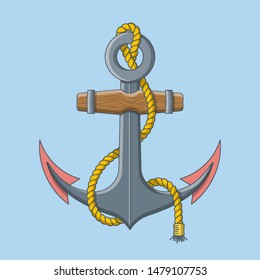 Anchor icon with rope in flat style. Cartoon colorful anchor on a blue background.