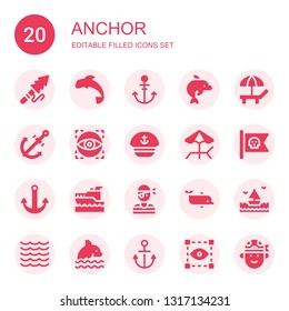 anchor icon set. Collection of 20 filled anchor icons included Harpoon, Dolphin, Anchor, Beach, Visual, Sailor, Pirate flag, Yatch, Pirate, Sea