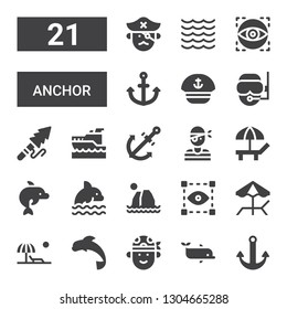 anchor icon set. Collection of 21 filled anchor icons included Anchor, Dolphin, Pirate, Beach, Visual, Yatch, Harpoon, Diver, Sailor, Sea