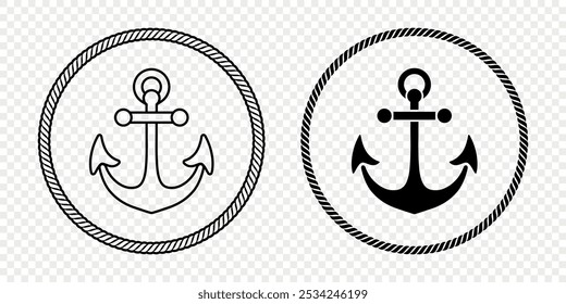 Anchor Icon Set. Flat Monochrome Anchor Shapes in Circular Rope Frame. Nautical Anchor Symbols, Marine Rope Border Design. Vector Illustration