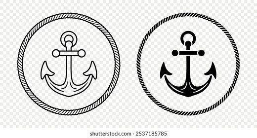 Conjunto de iconos de ancla. Formas de anclaje monocromáticas planas en marco de cuerda circular. Símbolos de ancla náutica, diseño de borde de cuerda marina. Ilustración vectorial