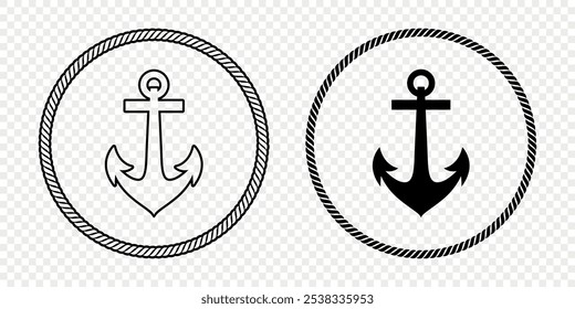 Conjunto de iconos de ancla. Formas de anclaje monocromáticas planas en marco de cuerda circular. Símbolos de ancla náutica, diseño de borde de cuerda marina. Ilustración vectorial