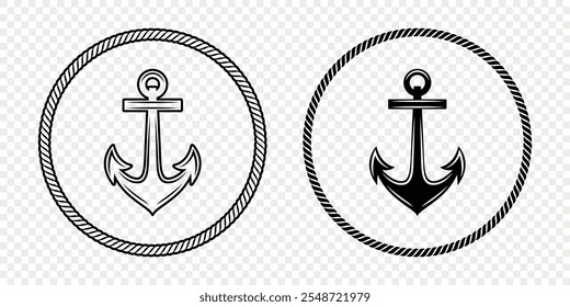 Conjunto de iconos de ancla. Formas de anclaje monocromáticas planas en marco de cuerda circular. Símbolos de ancla náutica, diseño de borde de cuerda marina. Ilustración vectorial