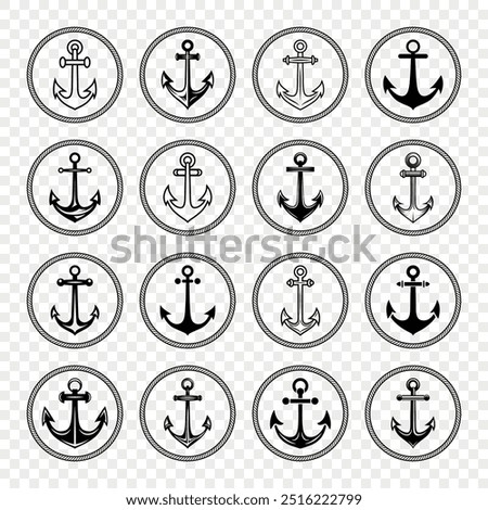 Anchor Icon Set. Flat Monochrome Anchor Shapes in Circular Rope Frame. Nautical Anchor Symbols, Marine Rope Border Design. Vector Illustration