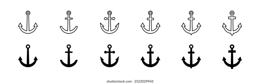 Anchor icon set. Line and glyph ship anchor vector