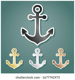 Anchor icon. Set of metallic Icons with gray, gold, silver and bronze gradient with white contour and shadow at viridan background. Illustration.