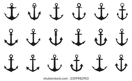 Anchor icon set. Nautical symbol in black. Simple anchor icons. Set of black anchor icons isolated