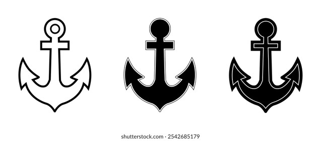 Anker-Symbol gesetzt Vektorgrafik, Anker-Symbol, Anker Marine-Symbol. Ankerzeichen, flaches Symbol für Schiff- oder Bootsanker, Symbol für schwarze Anker-Silhouette einzeln, Hakensymbol, Clipart-Anker.