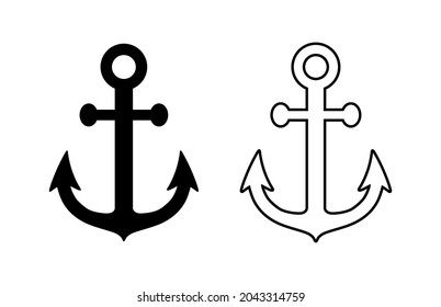 Ankersymbol. Silhouette Rahmenlinie Anker. Schwarzes Symbol Schiff oder Schiff einzeln auf weißem Hintergrund. Schifffahrtslogo. Einfaches nautisches Design. Maritime grafische Elemente. Ankerseeschild. Vektorgrafik