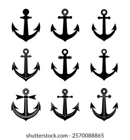 Anchor Icon Silhouette – Perfect for Nautical Logos, Web Designs, Event Promotions and More | Set of anchor symbols or logo