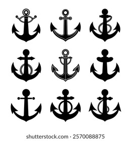 Anchor Icon Silhouette – Perfect for Nautical Logos, Web Designs, Event Promotions and More | Set of anchor symbols or logo