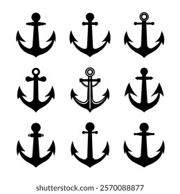 Anchor Icon Silhouette – Perfect for Nautical Logos, Web Designs, Event Promotions and More | Set of anchor symbols or logo