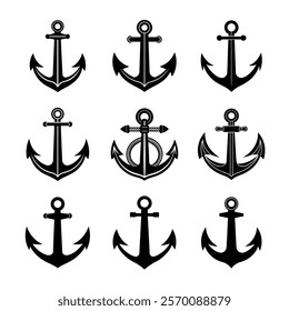 Anchor Icon Silhouette – Perfect for Nautical Logos, Web Designs, Event Promotions and More | Set of anchor symbols or logo