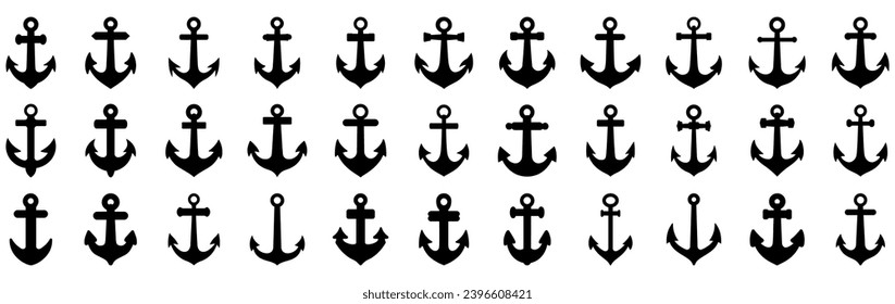 Anchor icon. Various shapes of anchors. Set of black anchor icons. Anchor silhouette. Vector illustration.