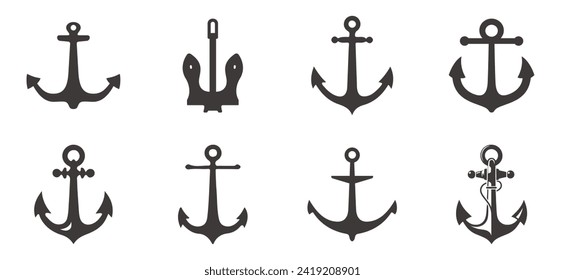 Anchor icon. Various shapes of anchors. Set of black anchor icons.