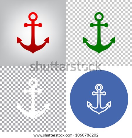 Anchor icon. Vector. 4 styles. Red gradient in radial lighted background, green flat and gray scribble icons on transparent and linear one in blue circle.
