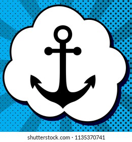 Anchor icon. Vector. Black icon in bubble on blue pop-art background with rays.