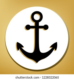 Anchor icon. Vector. Black icon with light brown shadow in white circle with shaped ring at golden background.