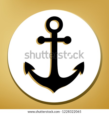 Anchor icon. Vector. Black icon with light brown shadow in white circle with shaped ring at golden background.