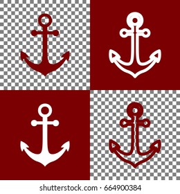 Anchor icon. Vector. Bordo and white icons and line icons on chess board with transparent background.