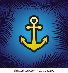 Anchor icon. Vector. Golden icon with black contour at blue background with branches of palm trees.