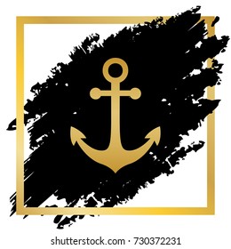 Anchor icon. Vector. Golden icon at black spot inside golden frame on white background.