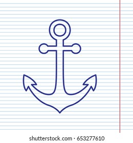Anchor icon. Vector. Navy line icon on notebook paper as background with red line for field.