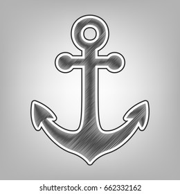 Anchor icon. Vector. Pencil sketch imitation. Dark gray scribble icon with dark gray outer contour at gray background.