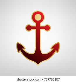 Anchor icon. Vector. Red icon on gold sticker at light gray background.