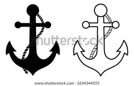 Anchor icon vector, symbol set. Anchor icon with rope, Silhouette of anchor marine hook vector icon.  Logo design for boat, ship, app, website. Vector illustration.
