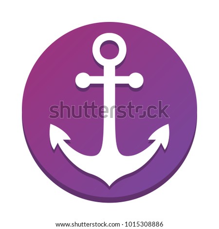 Anchor icon. Vector. White icon with flat shadow on purpureus circle at white background. Isolated.