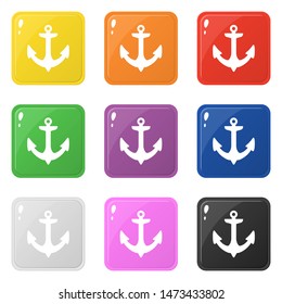 Anchor icons set 9 colors isolated on white. Collection of square round colorful buttons. Vector illustration for any design.