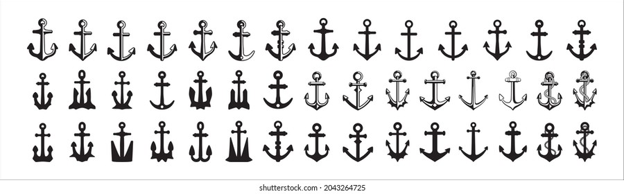 Anchor icons set collection. Assorted ship anchors vector set. Nautical and sailing symbol. Vector stock illustration.