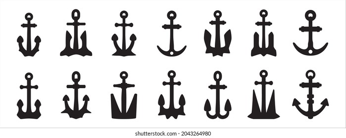 Iconos de anclaje establecen la colección. Conjunto de vectores de anclajes de barco variados. Símbolo náutico y de vela. Ilustración de material vectorial.