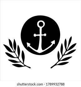 Anchor inside circle with branches, hand drawn isolated vector illustration in black and white