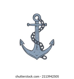 anchor with iron chain. Vector doodle sketch outline isolated illustration.