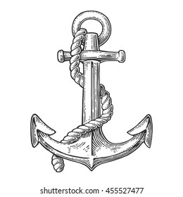 Anchor isolated on white background. Vector vintage engraving illustration for tattoo, web and label. Hand drawn in a graphic style.