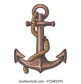 Anchor isolated on white background. Vector vintage color engraving illustration for tattoo, web and label. Hand drawn in a graphic style.