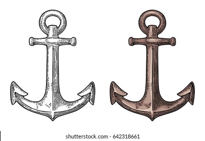 Anchor isolated on white background. Vector vintage black and color engraving illustration for tattoo, web and label. Hand drawn in a graphic style.