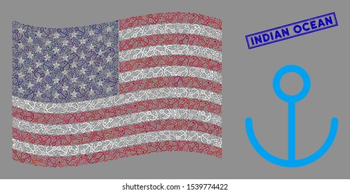Anchor items are combined into USA flag abstraction with blue rectangle grunge stamp watermark of Indian Ocean caption. Vector concept of USA waving official flag is combined with anchor items.