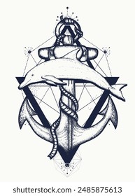 Anchor and jumping dolphin tattoo. Symbol of outdoors, freedom, marine and tourism. Sea adventure esoteric art, t-shirt design concept